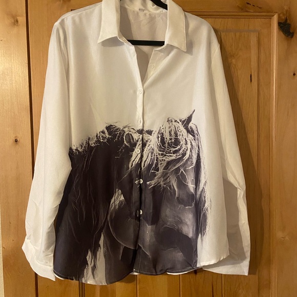 Tops - Stylish White and Black Horse Print ladies blouse